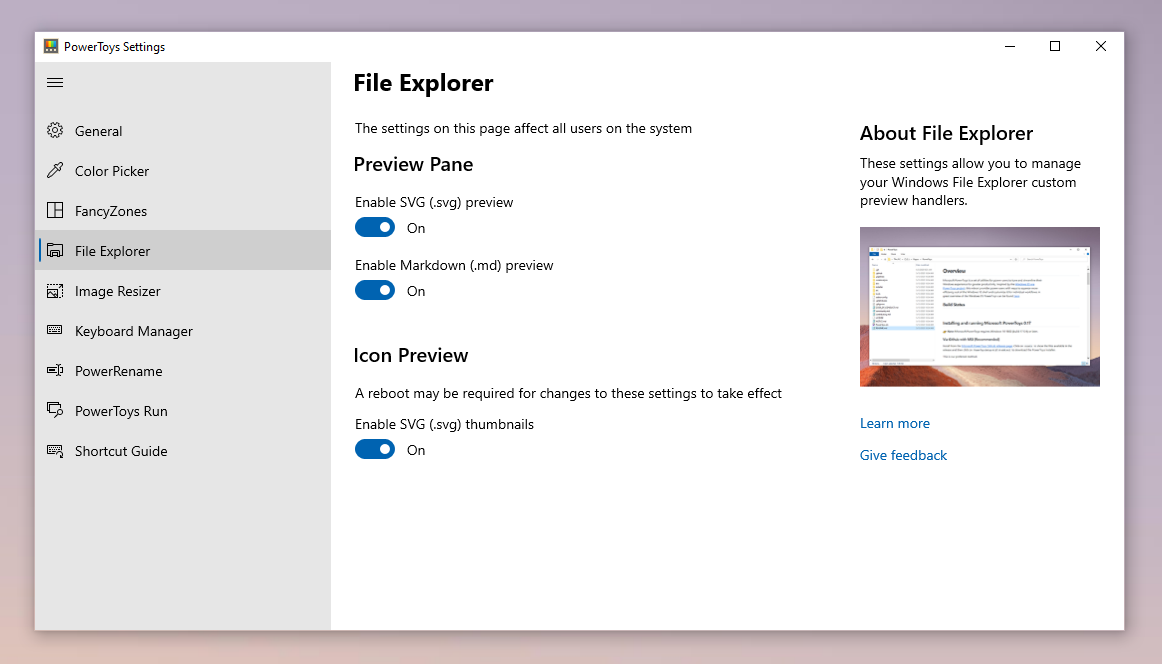 Settings UI - File Explorer Preview Tab