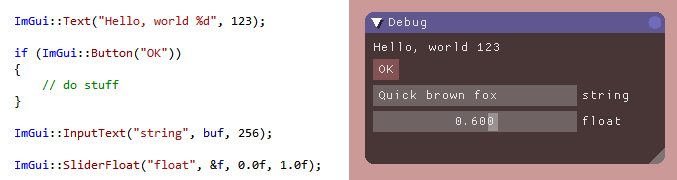screenshot of sample code alongside its output with ImGui