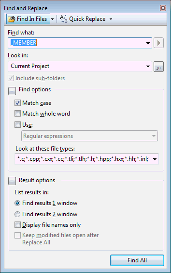 Visual Studio 2008 Find in Files Dialog